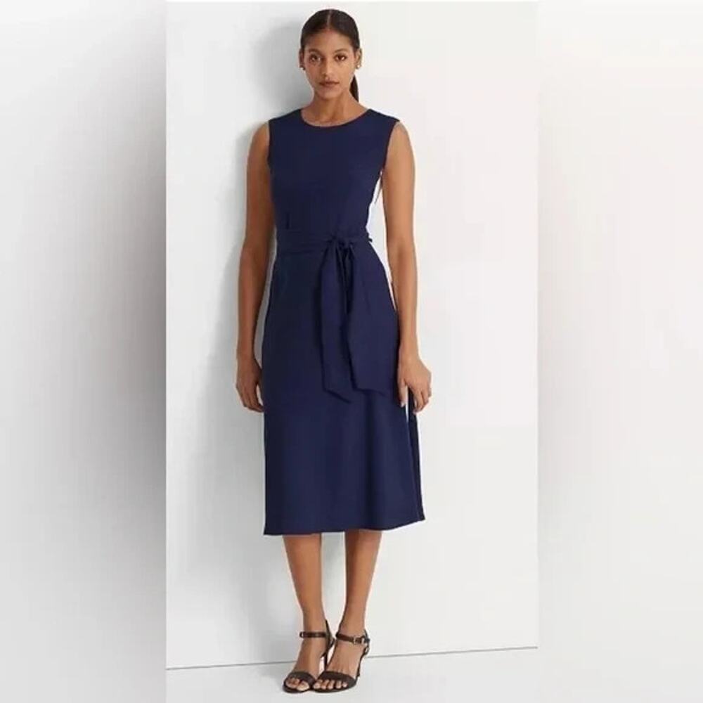 LAUREN RALPH LAUREN Side-Stripe Georgette A Line Belted Midi Dress 14 NWT